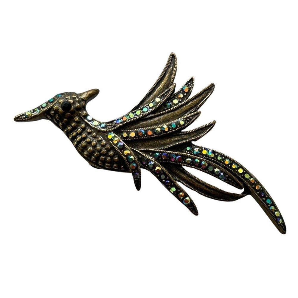 Bird Brooch Pin Vintage Style Aurora Borealis Rhinestones Statement Jewelry